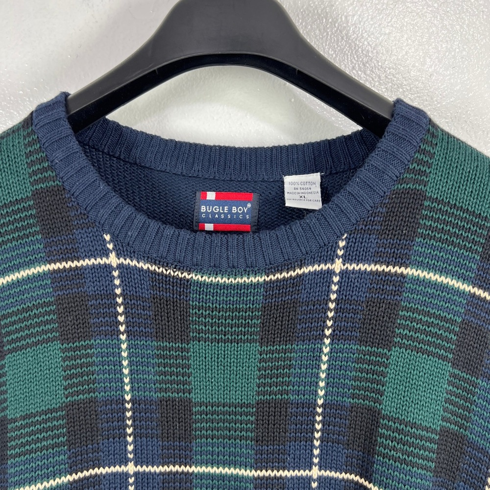 Vtg. Bugle Boy‎ Classics Plaid Cotton Sweater XL Crew Neck Pullover Green Blue - Picture 5 of 9